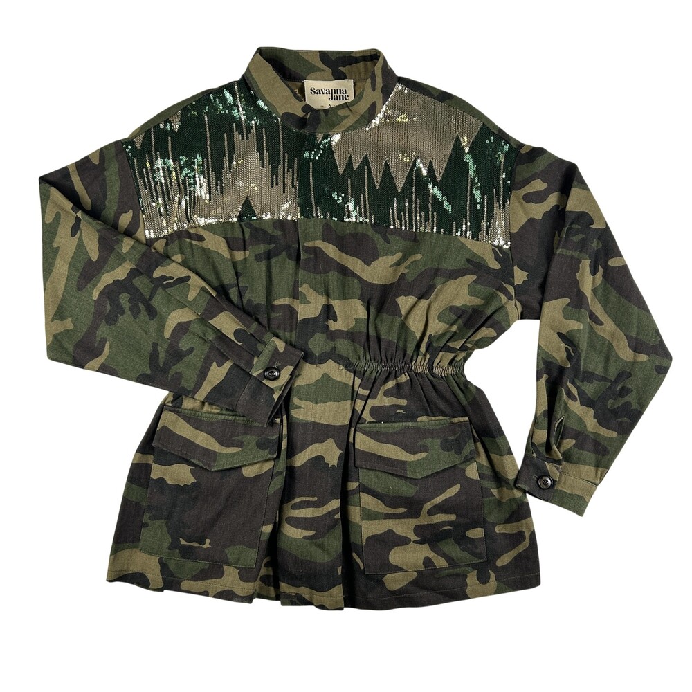 Savanna Jane Jacket Womens Small Camo Sequin Embroidered Boho Utility Moto